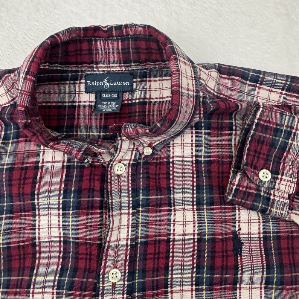 Ralph Lauren Shirt Boys XL 18-20 Red Plaid Long Sleeve Button Down Blue Pony